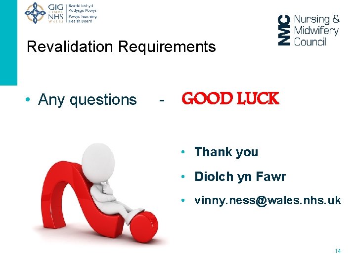 Revalidation Requirements • Any questions - GOOD LUCK • Thank you • Diolch yn