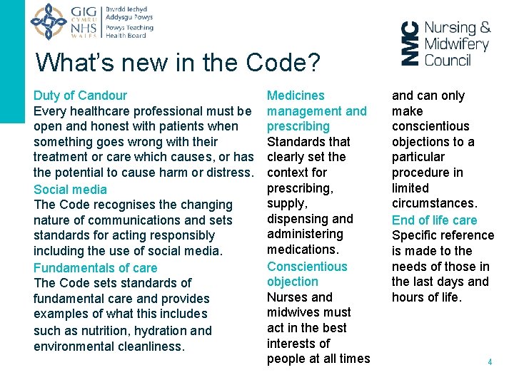 What’s new in the Code? Duty of Candour Every healthcare professional must be open