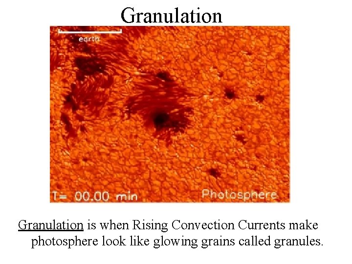 Granulation is when Rising Convection Currents make photosphere look like glowing grains called granules.