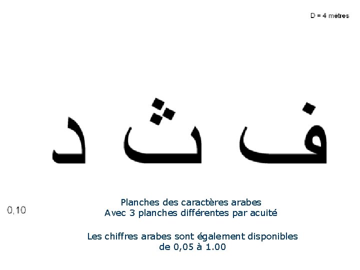 Planches des caractères arabes Avec 3 planches différentes par acuité Les chiffres arabes sont