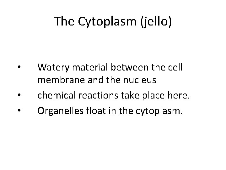 The Cytoplasm (jello) • • • Watery material between the cell membrane and the
