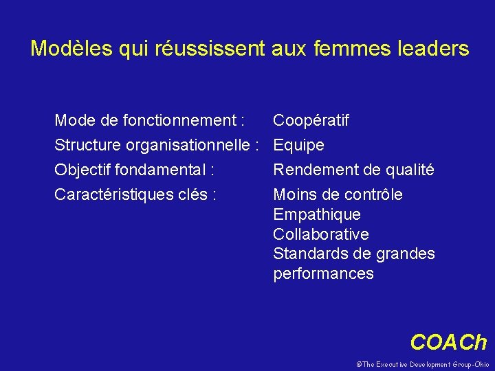 Modèles qui réussissent aux femmes leaders Mode de fonctionnement : Structure organisationnelle : Objectif