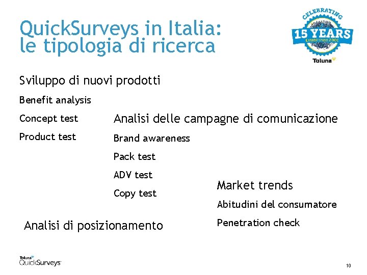 Quick. Surveys in Italia: le tipologia di ricerca Sviluppo di nuovi prodotti Benefit analysis