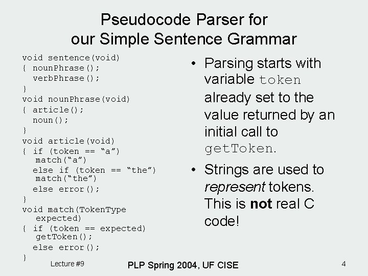 Pseudocode Parser for our Simple Sentence Grammar void sentence(void) { noun. Phrase(); verb. Phrase();