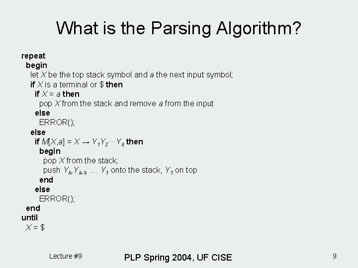 What is the Parsing Algorithm? repeat begin let X be the top stack symbol