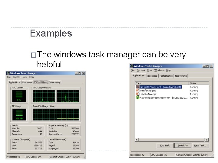 Examples �The windows task manager can be very helpful. 