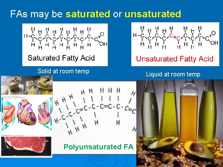 FAs may be saturated or unsaturated Solid at room temp Polyunsaturated FA Liquid at