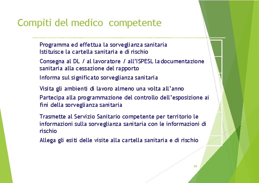 Compiti del medico competente Programma ed effettua la sorveglianza sanitaria Istituisce la cartella sanitaria