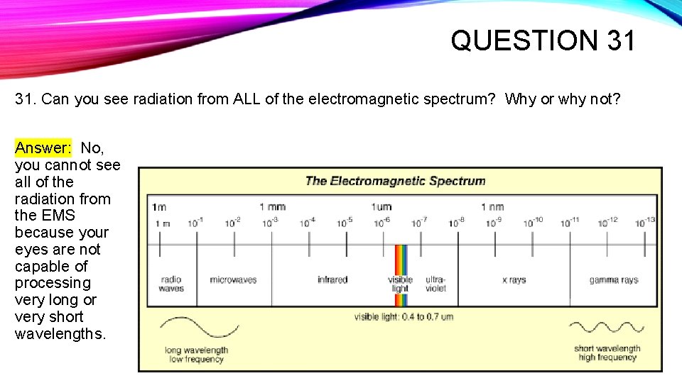 QUESTION 31 31. Can you see radiation from ALL of the electromagnetic spectrum? Why