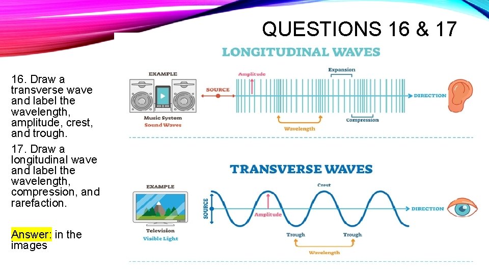 QUESTIONS 16 & 17 16. Draw a transverse wave and label the wavelength, amplitude,