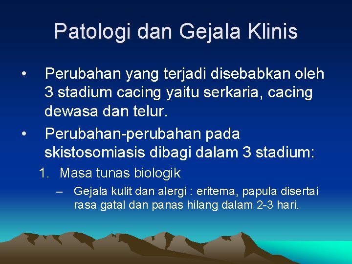 Patologi dan Gejala Klinis • • Perubahan yang terjadi disebabkan oleh 3 stadium cacing