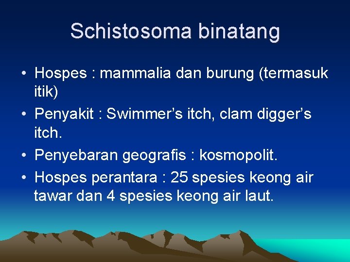 Schistosoma binatang • Hospes : mammalia dan burung (termasuk itik) • Penyakit : Swimmer’s