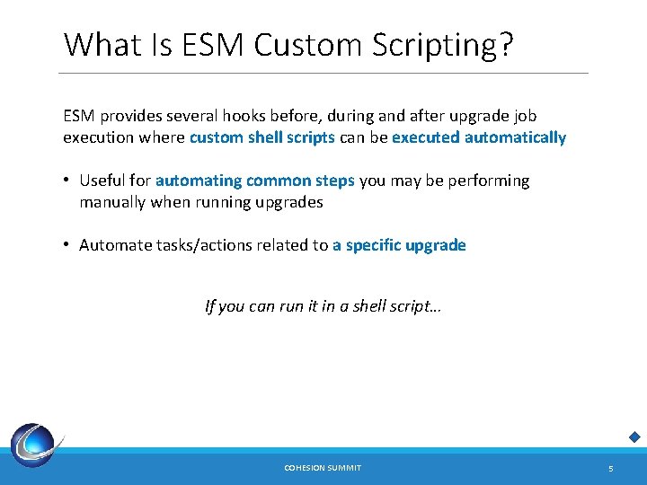 What Is ESM Custom Scripting? ESM provides several hooks before, during and after upgrade