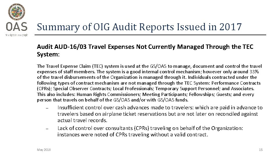 Summary of OIG Audit Reports Issued in 2017 Audit AUD-16/03 Travel Expenses Not Currently