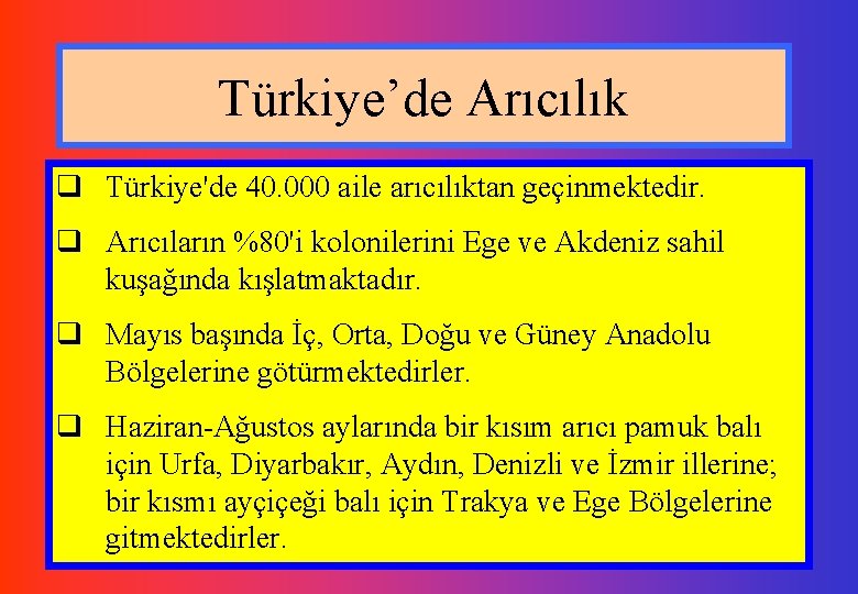 Türkiye’de Arıcılık q Türkiye'de 40. 000 aile arıcılıktan geçinmektedir. q Arıcıların %80'i kolonilerini Ege