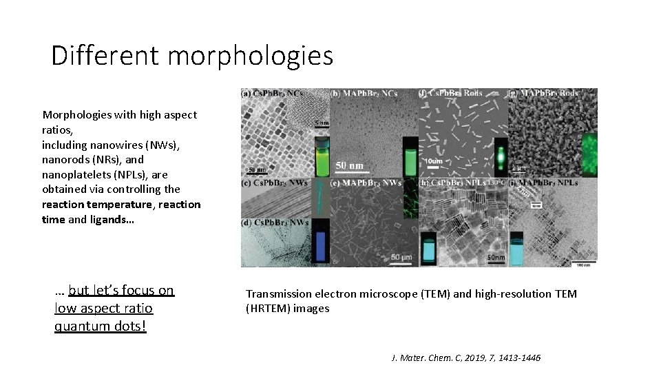 Different morphologies Morphologies with high aspect ratios, including nanowires (NWs), nanorods (NRs), and nanoplatelets