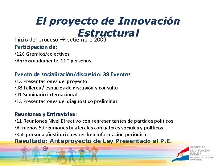 El proyecto de Innovación Estructural Inicio del proceso setiembre 2009 Participación de: • 120