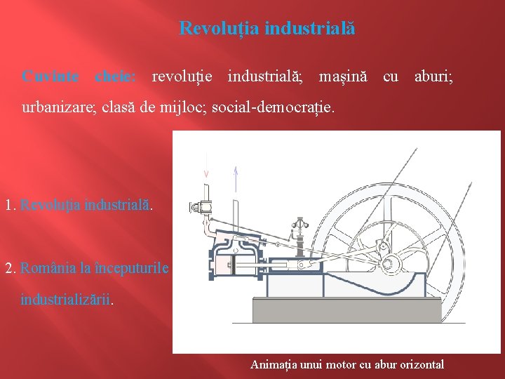 Revoluția industrială Cuvinte cheie: revoluție industrială; mașină cu aburi; urbanizare; clasă de mijloc; social-democrație.