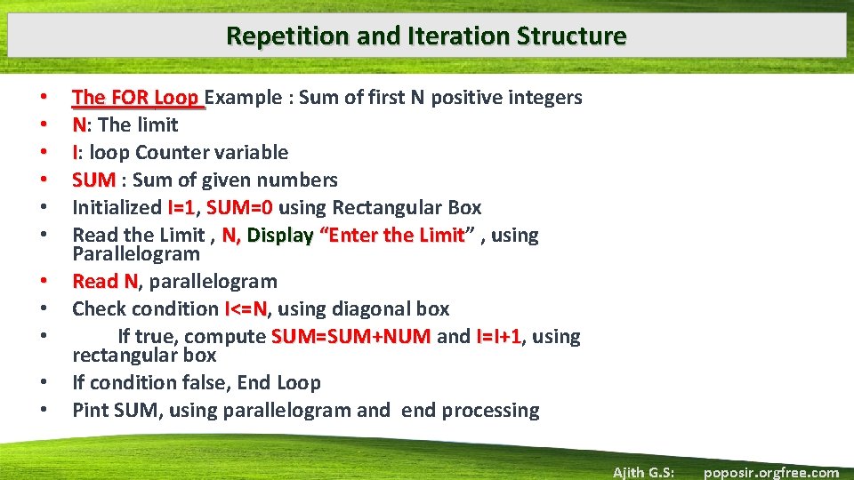 Repetition and Iteration Structure • • • The FOR Loop Example : Sum of