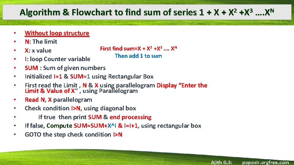 Algorithm & Flowchart to find sum of series 1 + X 2 +X 3