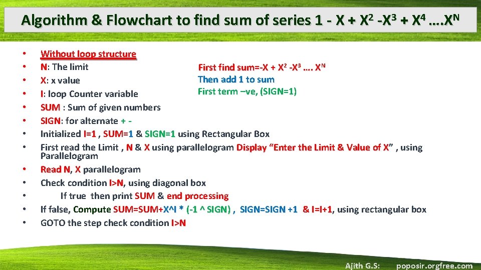 Algorithm & Flowchart to find sum of series 1 - X + X 2