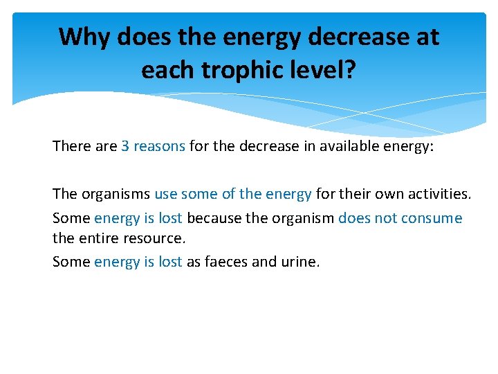 Why does the energy decrease at each trophic level? There are 3 reasons for