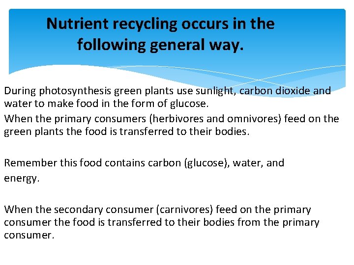 Nutrient recycling occurs in the following general way. During photosynthesis green plants use sunlight,