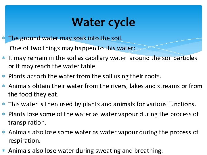 Water cycle The ground water may soak into the soil. One of two things