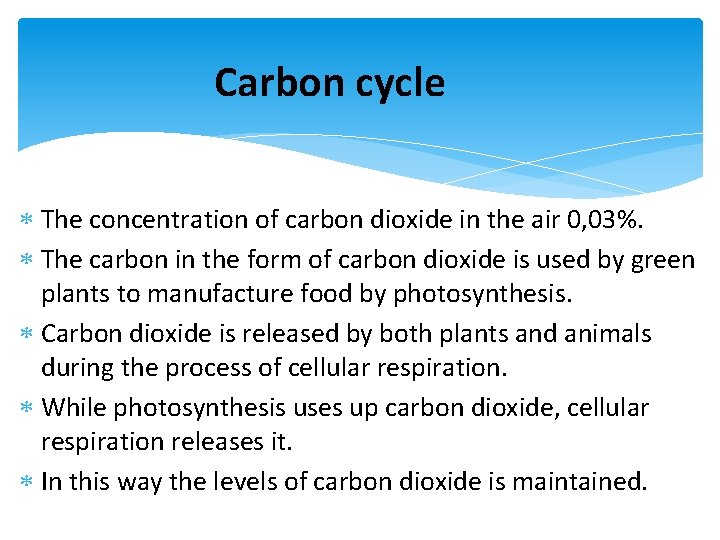 Carbon cycle The concentration of carbon dioxide in the air 0, 03%. The carbon