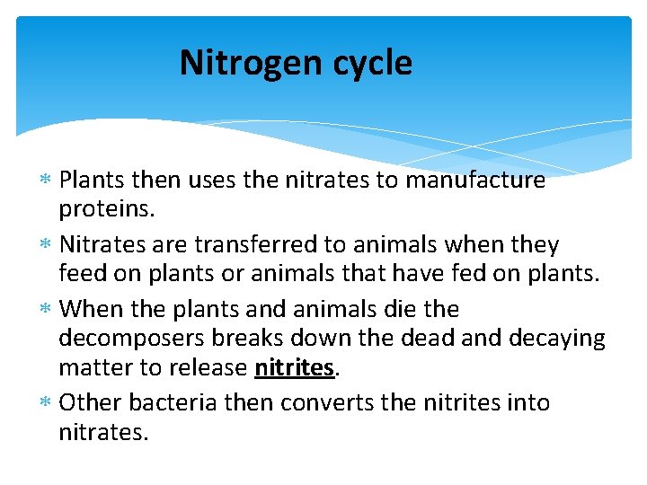 Nitrogen cycle Plants then uses the nitrates to manufacture proteins. Nitrates are transferred to