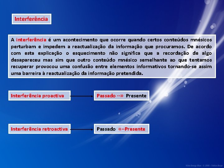 Interferência A interferência é um acontecimento que ocorre quando certos conteúdos mnésicos perturbam e