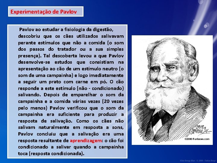 Experimentação de Pavlov ao estudar a fisiologia da digestão, descobriu que os cães utilizados