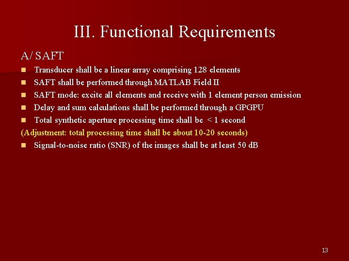 III. Functional Requirements A/ SAFT Transducer shall be a linear array comprising 128 elements