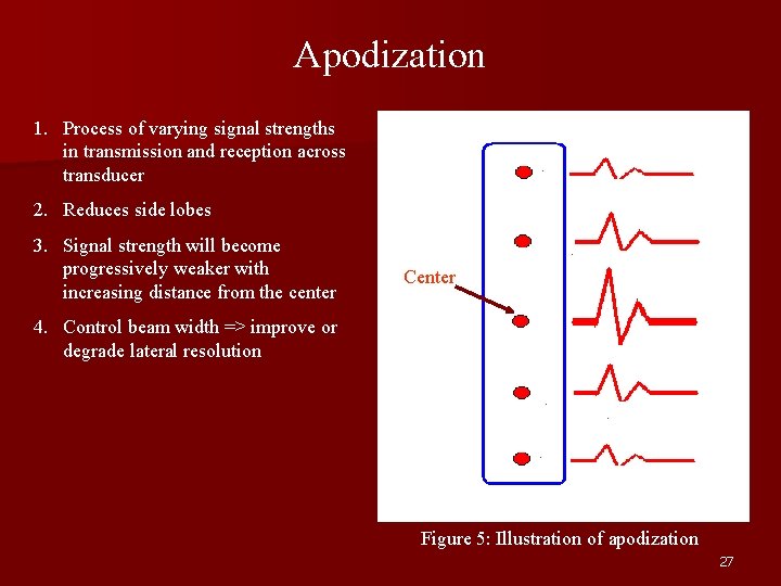 Apodization 1. Process of varying signal strengths in transmission and reception across transducer 2.
