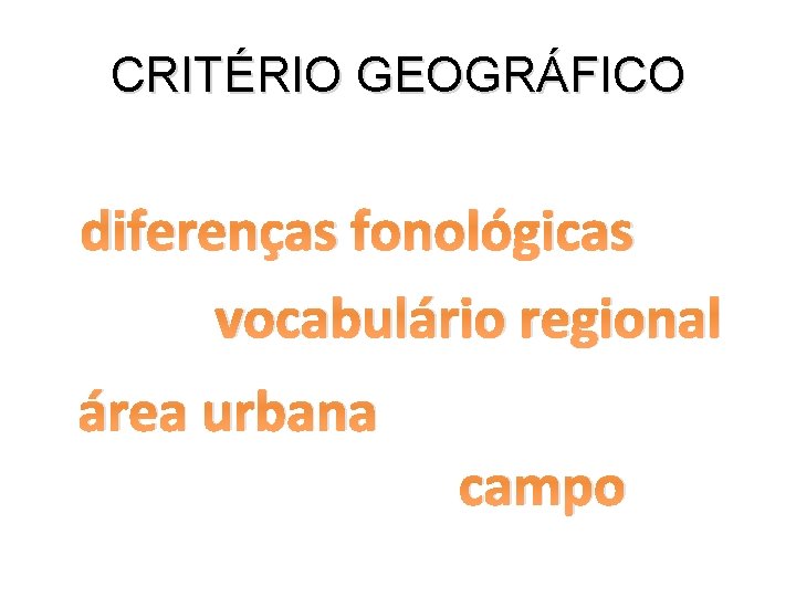 CRITÉRIO GEOGRÁFICO diferenças fonológicas vocabulário regional área urbana campo 