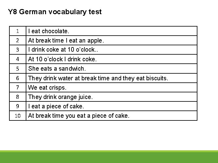 Y 8 German vocabulary test 1 I eat chocolate. 2 At break time I