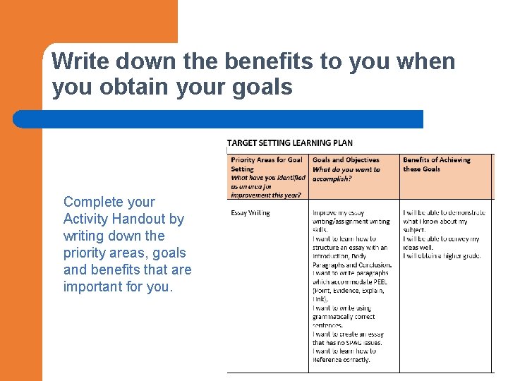Write down the benefits to you when you obtain your goals Complete your Activity