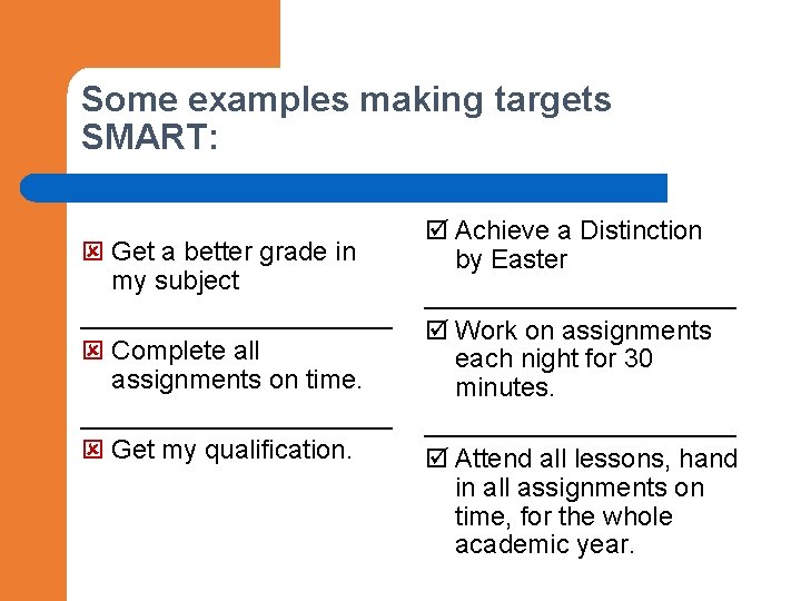Some examples making targets SMART: Get a better grade in my subject ___________ Complete