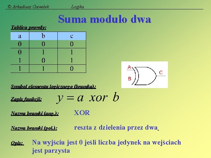 © Arkadiusz Gawełek Tablica prawdy: Logika Suma modulo dwa Symbol elementu logicznego (bramka): Zapis