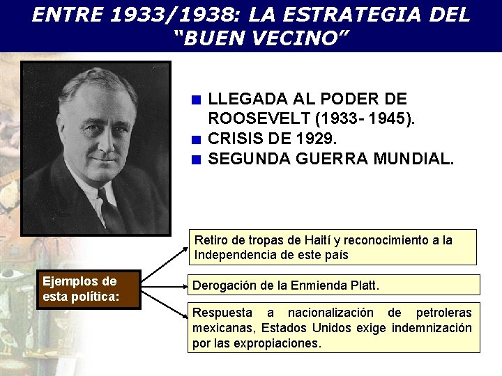 ENTRE 1933/1938: LA ESTRATEGIA DEL “BUEN VECINO” LLEGADA AL PODER DE ROOSEVELT (1933 -