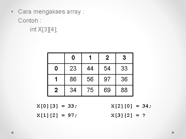  • Cara mengakses array : Contoh : int X[3][4]; 0 1 2 3