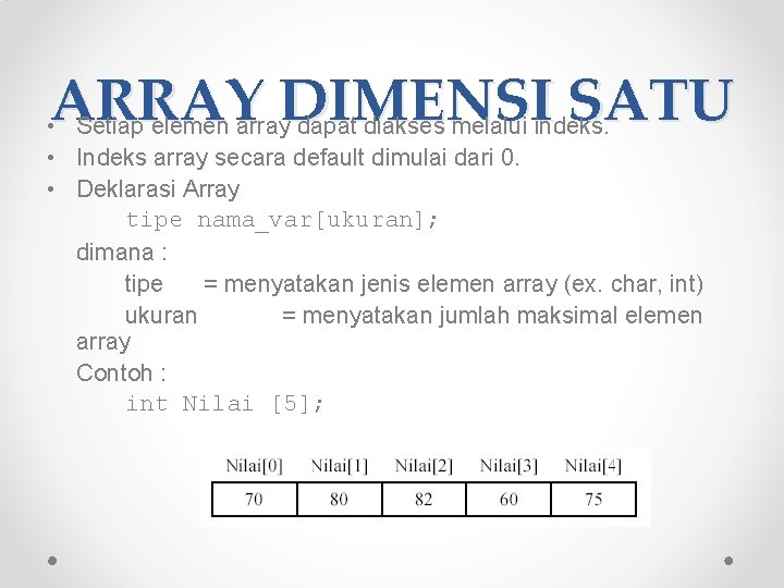 ARRAY DIMENSI SATU • Setiap elemen array dapat diakses melalui indeks. • Indeks array