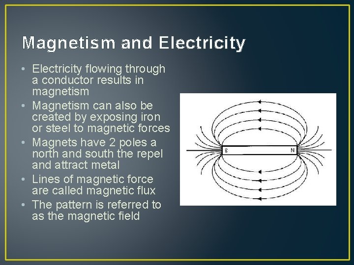 Magnetism and Electricity • Electricity flowing through a conductor results in magnetism • Magnetism