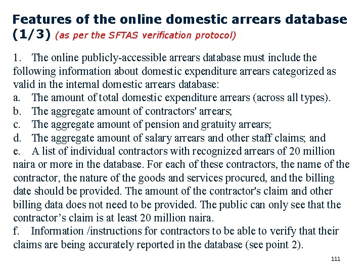 Features of the online domestic arrears database (1/3) (as per the SFTAS verification protocol)