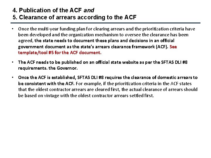 4. Publication of the ACF and 5. Clearance of arrears according to the ACF