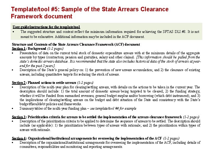 Template/tool #5: Sample of the State Arrears Clearance Framework document User guide/instructions for the