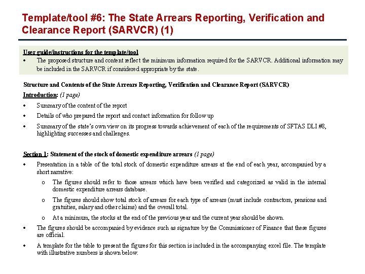 Template/tool #6: The State Arrears Reporting, Verification and Clearance Report (SARVCR) (1) User guide/instructions