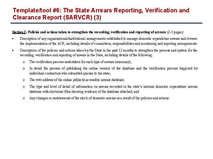 Template/tool #6: The State Arrears Reporting, Verification and Clearance Report (SARVCR) (3) Section 2: