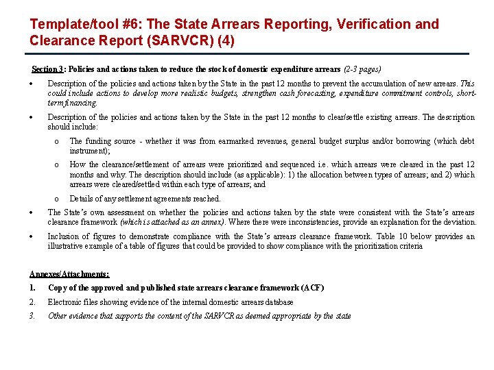 Template/tool #6: The State Arrears Reporting, Verification and Clearance Report (SARVCR) (4) Section 3: