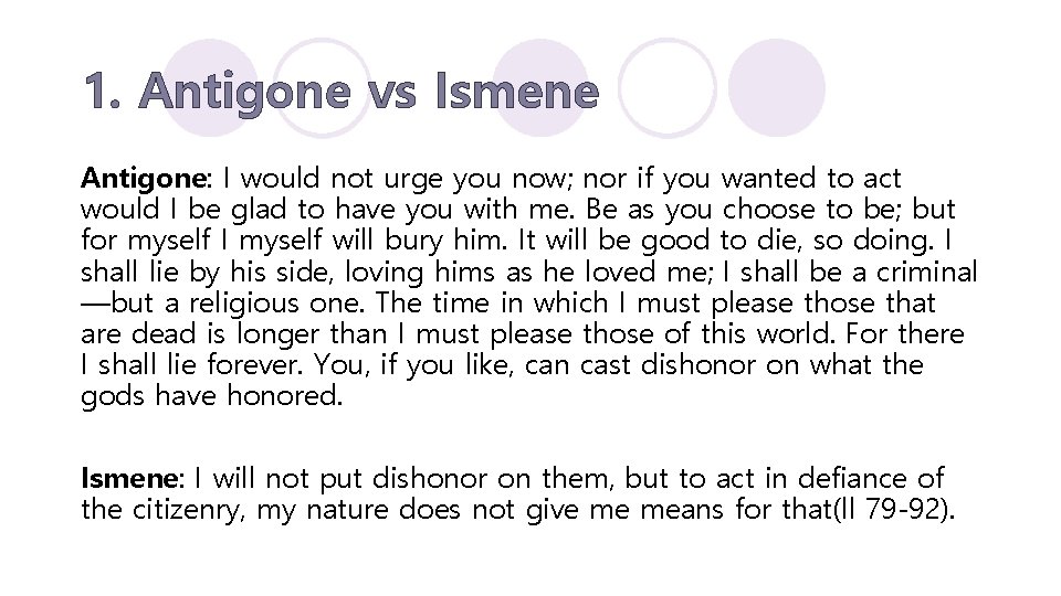 1. Antigone vs Ismene Antigone: I would not urge you now; nor if you